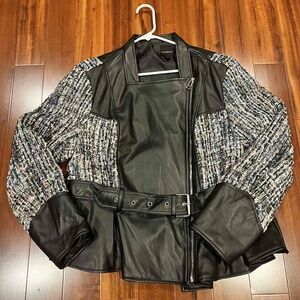 New Lane Bryant Black Faux Leather & Tweed Collarless Moto Jacket Size 18 20